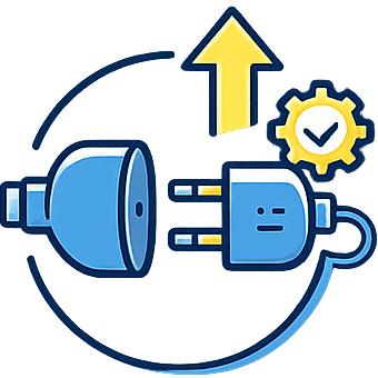 Stecker mit Pfeil nach oben und Zahnrad, symbolisiert technische Anpassung und Verbindung.