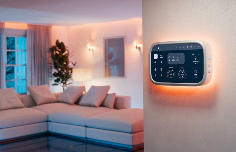 Moderne Steuerungseinheit an einer Wand in einem stilvollen, beleuchteten Wohnzimmer.