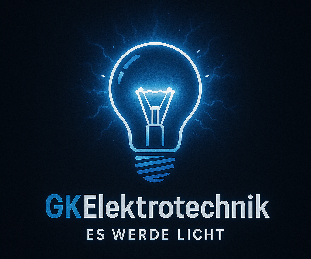 Logo von GK Elektrotechnik mit einer leuchtenden Glühbirne und dem Slogan „Es werde Licht“.